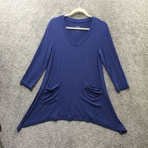 LOGO Lori Goldstein Tunic Top Women XS Blue V Neck 3/4 Sleeve Stretch‎ Rayon